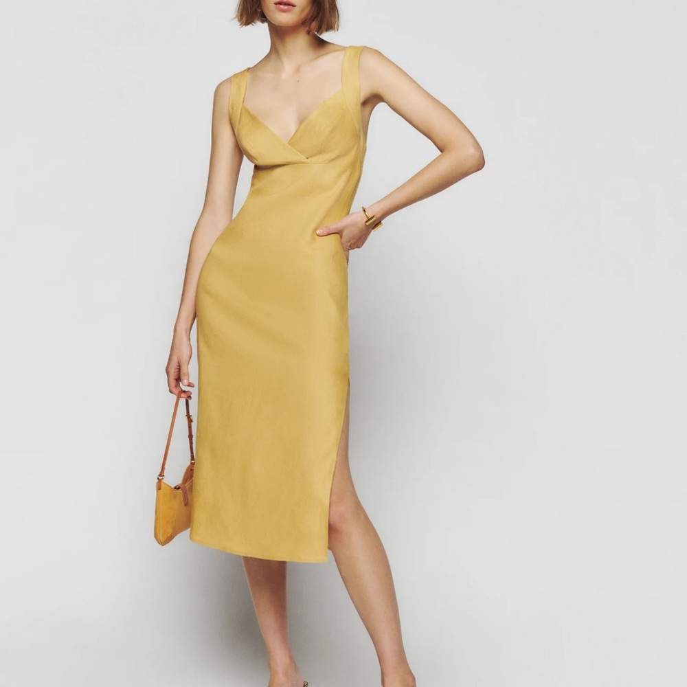 Reformation Allira 100% linen yellow summer dress. V